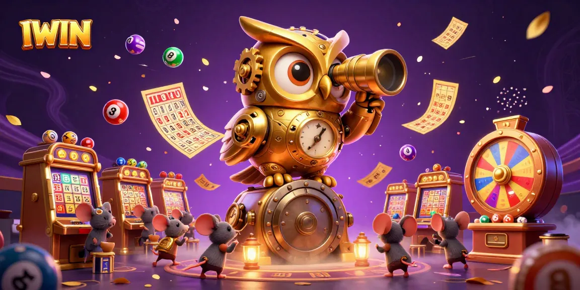 IWIN casino features a clockwork owl with wind-up mice among colorful lottery balls and golden rewards.