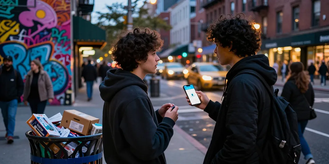 Engaging scene showing urban individuals discussing how to buy cocaine powder online via smartphone in a vibrant street.