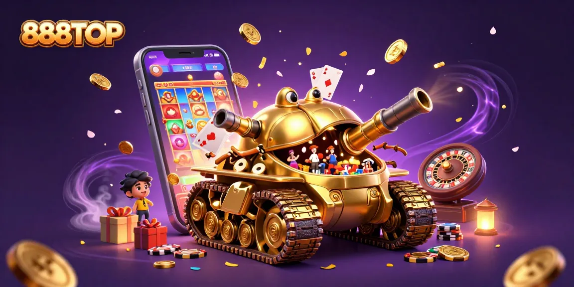 Engage in thrilling gaming at 888TOP with a vibrant 3D casino scene featuring exciting slot games and dynamic elements.