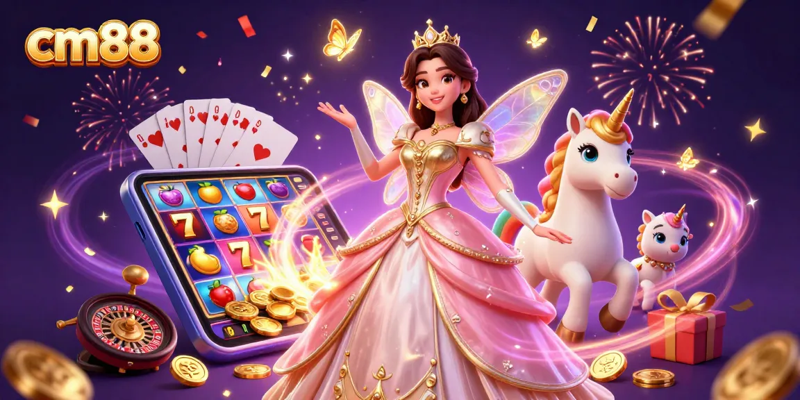 Win big with cm88 in this vibrant casino illustration featuring magical characters and games.