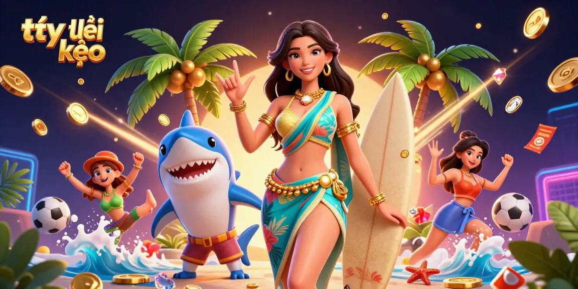Action-packed illustration showcasing tỷ lệ kèo with a glamorous beach goddess and a cartoon shark, surrounded by sports betting elements.