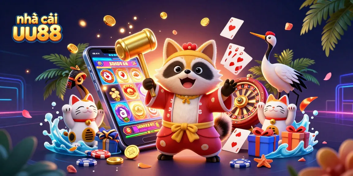 Experience the vibrant action at nhà cái uu88 with cheerful tanuki and casino game elements bursting with excitement.