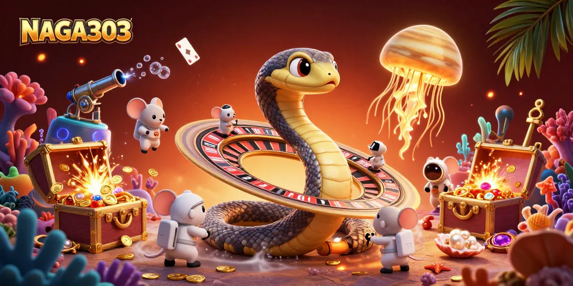 NAGA303 provides thrilling gaming action, featuring a vibrant 3D illustration with interactive cosmic casino elements.