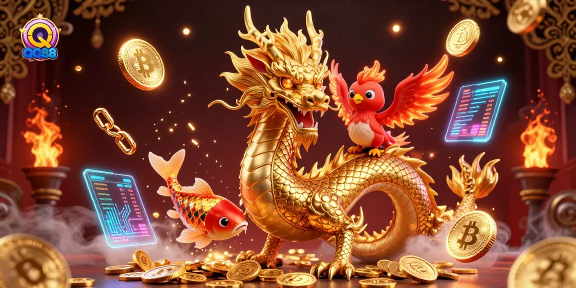 Immerse in the vibrant energy of Nhà Cái QQ88 with this dynamic 3D illustration of a dragon, phoenix, and koi fish amidst a shower of riches.