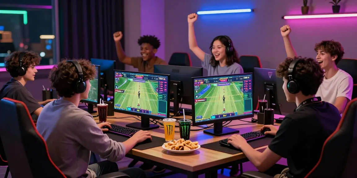 LUCK8 online gaming scene with diverse friends engaged in sports betting, showcasing dynamic screens and a vibrant atmosphere.