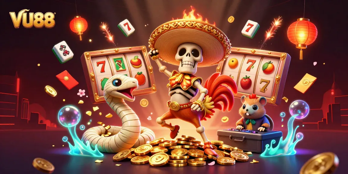Experience exciting gameplay at VU88 with a dancing mariachi rooster and vibrant casino elements.