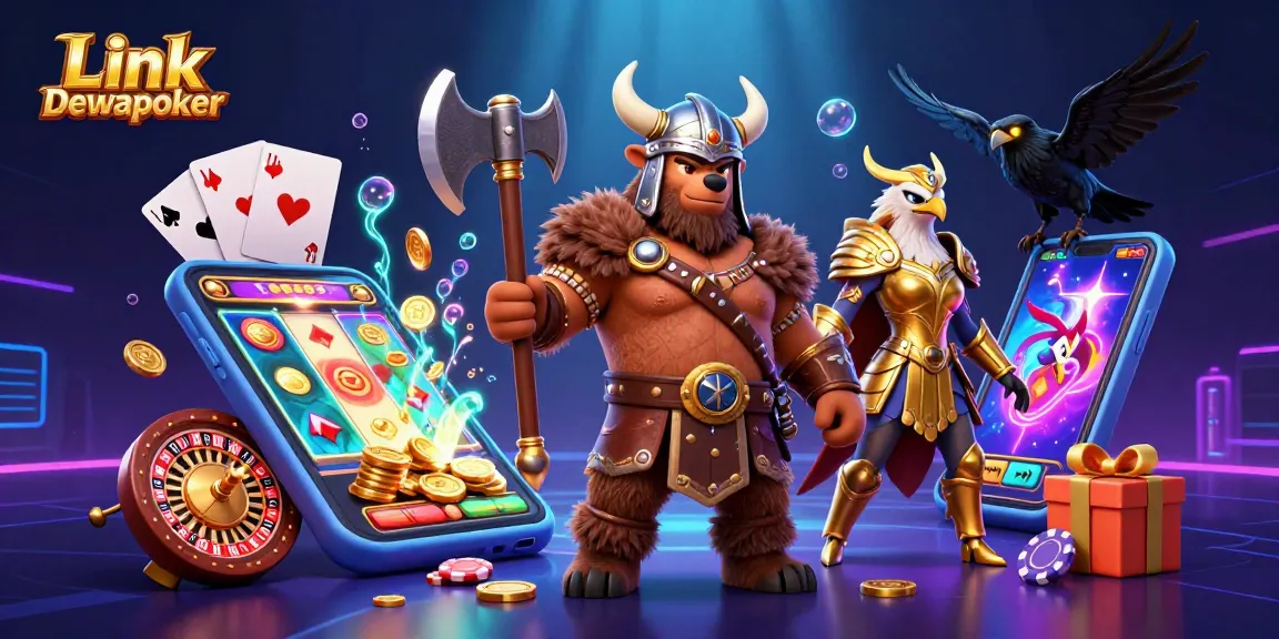 Experience the excitement with Link Dewapoker in this vibrant casino-themed illustration featuring a Viking and Valkyrie.