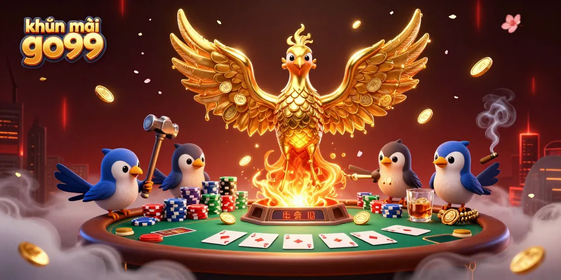Engage with khuyến mãi go99 while enjoying a vibrant casino scene featuring gold coins, poker chips, and the majestic phoenix.