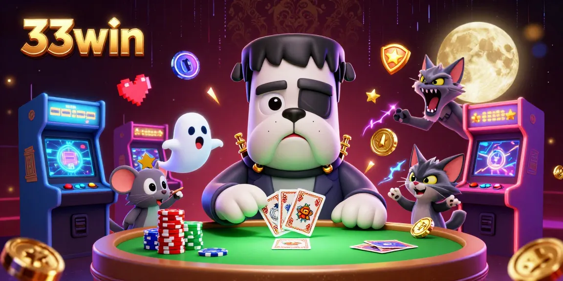 Engage with the thrilling atmosphere of 33win's casino featuring a lively 3D scene of unique characters.