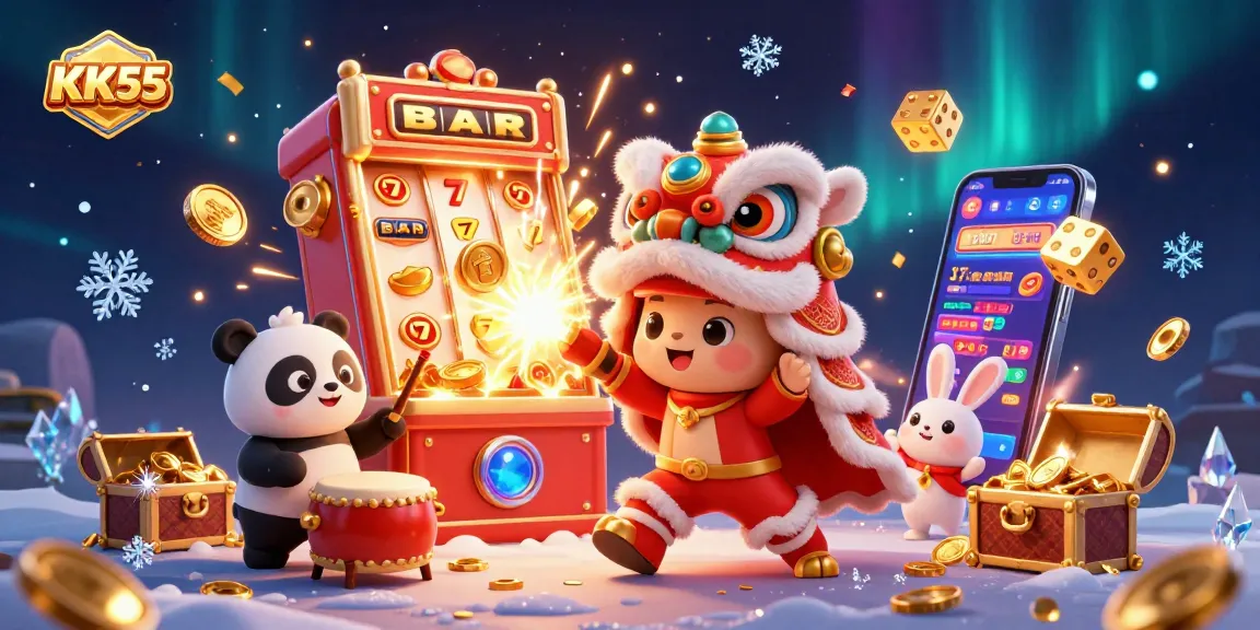 Engage with KK55's colorful gaming experience featuring vibrant characters, slot machines, and treasure explosions.
