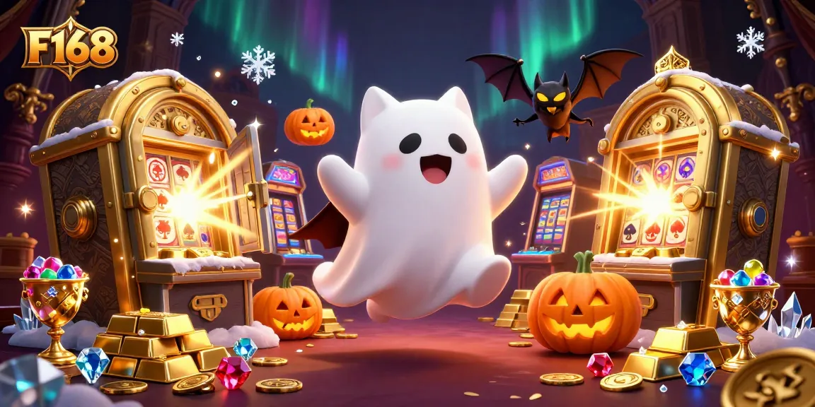 Join the excitement at F168 with vibrant games and a friendly ghost cat welcoming players!