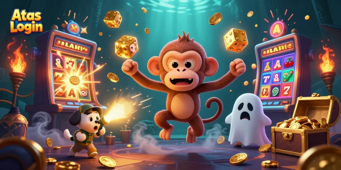 Engage in a dynamic Atas Login scene with a playful poltergeist monkey juggling gold while a curious puppy investigates.