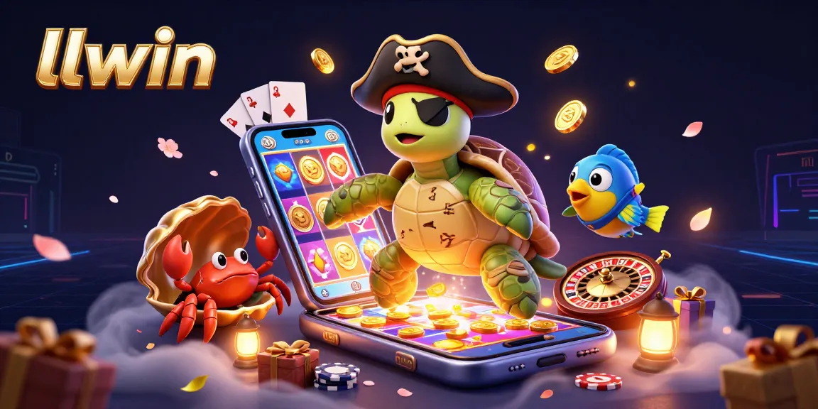 Experience llwin's vibrant casino world with a pirate turtle, treasure, and spinning slots!