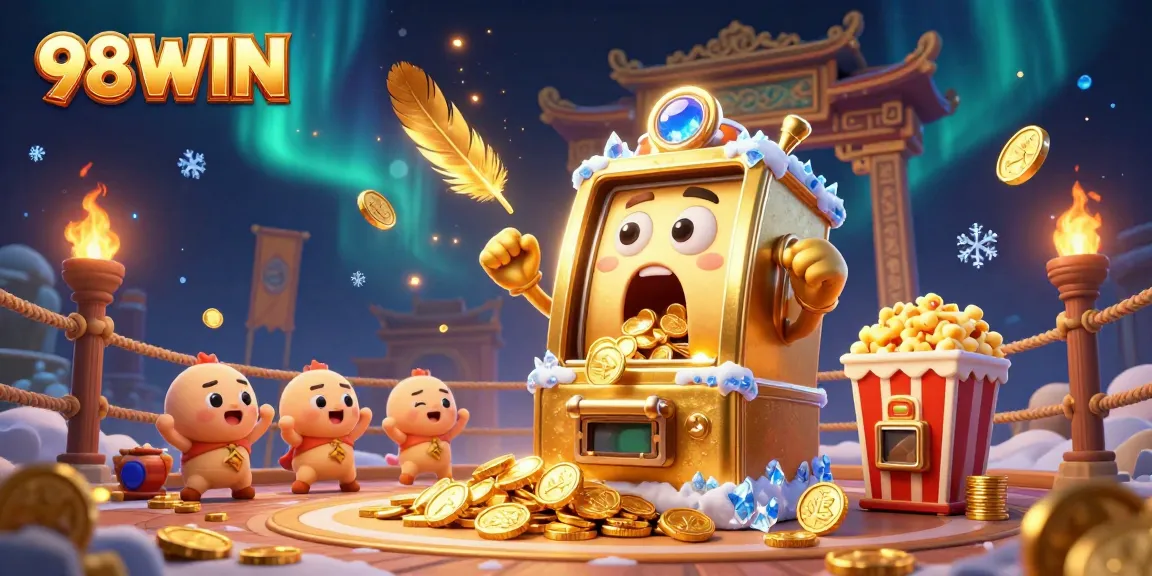 98WIN jackpot scene with a golden slot machine showering coins amidst cheering baby slots.