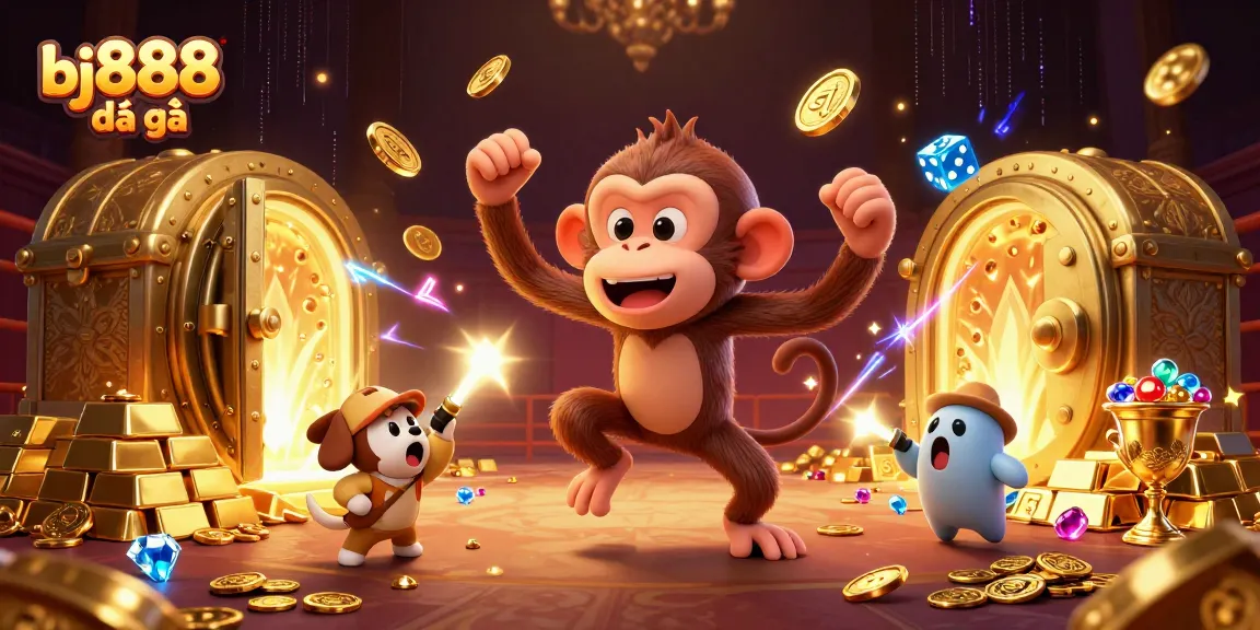 Watch the lively bj888 đá gà action unfold with a playful poltergeist monkey surrounded by treasures in this vibrant arena.