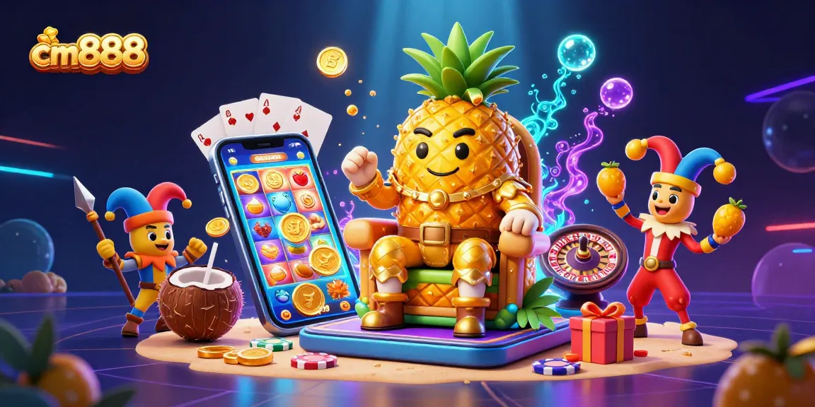 Experience the vibrant energy of cm888 with a golden pineapple king and playful casino elements in a lively scene.
