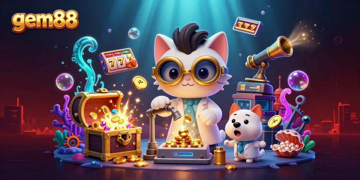 gem88 spins with a vibrant adventure, showcasing a mad scientist cat and assistant in a rich, visual casino scene.
