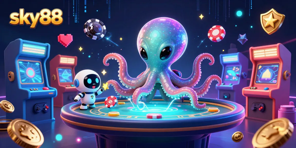 Experience excitement with sky88 in a vibrant casino-themed 3D scene featuring a cosmic octopus.