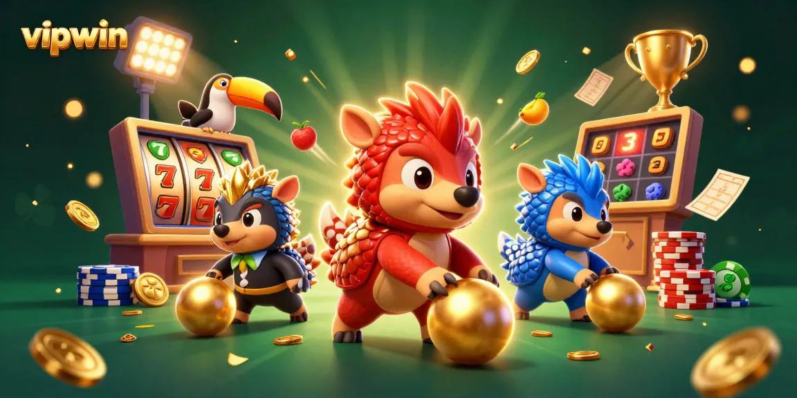 Experience thrilling gaming at vipwin with animated pangolins in a vibrant casino scene.