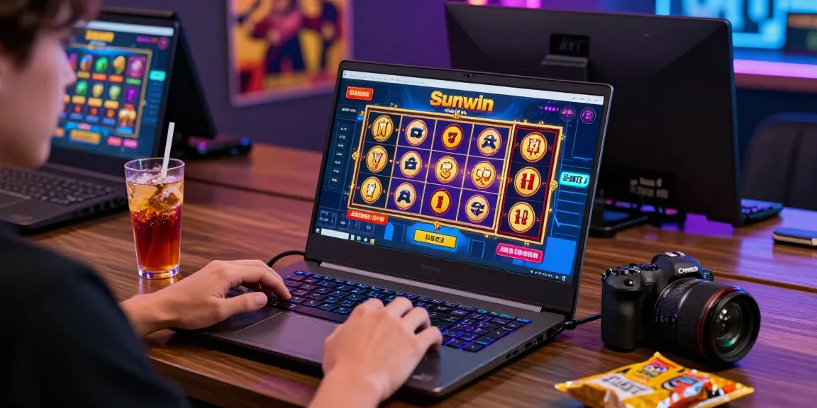 Sunwin gaming platform on a laptop, showcasing vibrant casino games in an engaging online gaming setup.