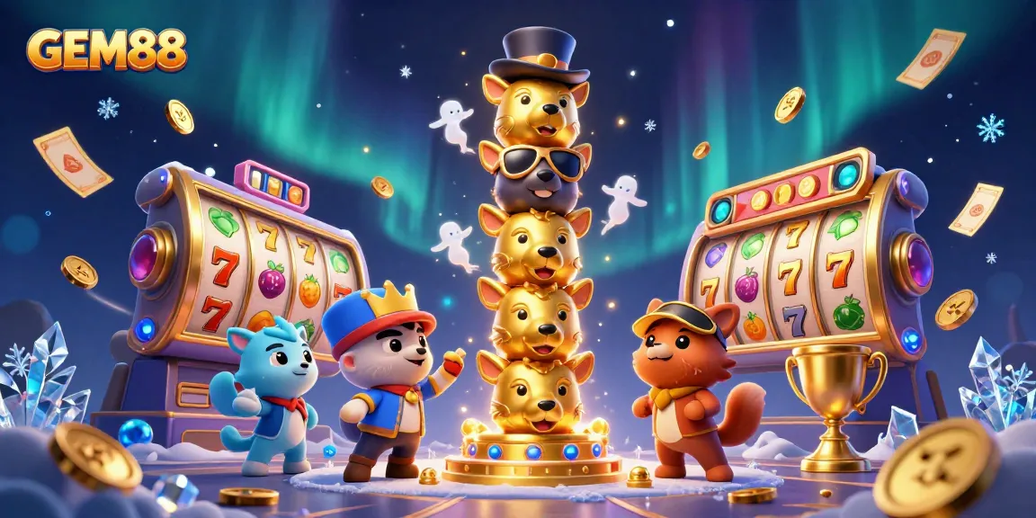 Experience GEM88 action with vibrant casino-themed 3D illustration of dynamic slots and totem