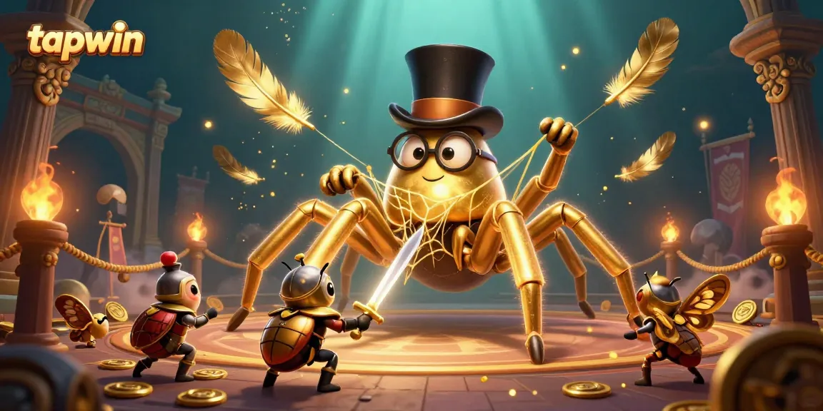 Experience the thrill of tapwin gaming with a giant golden tarantula and brave beetle knight in a dynamic casino scene.