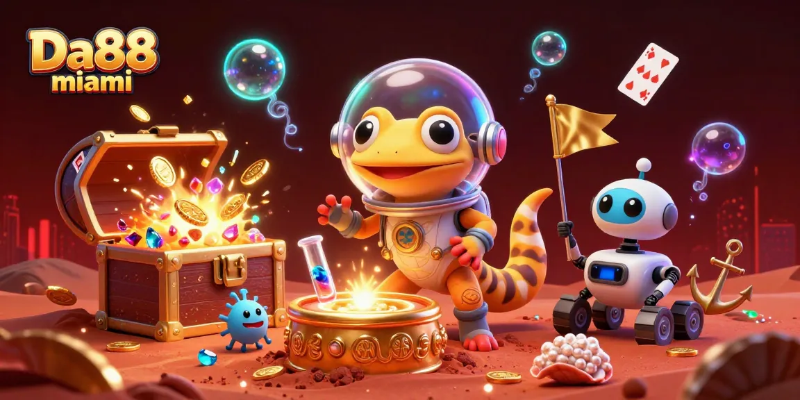 Engage with exciting gameplay at Da88 miami, featuring a Martian gecko discovering treasures in a vibrant casino.