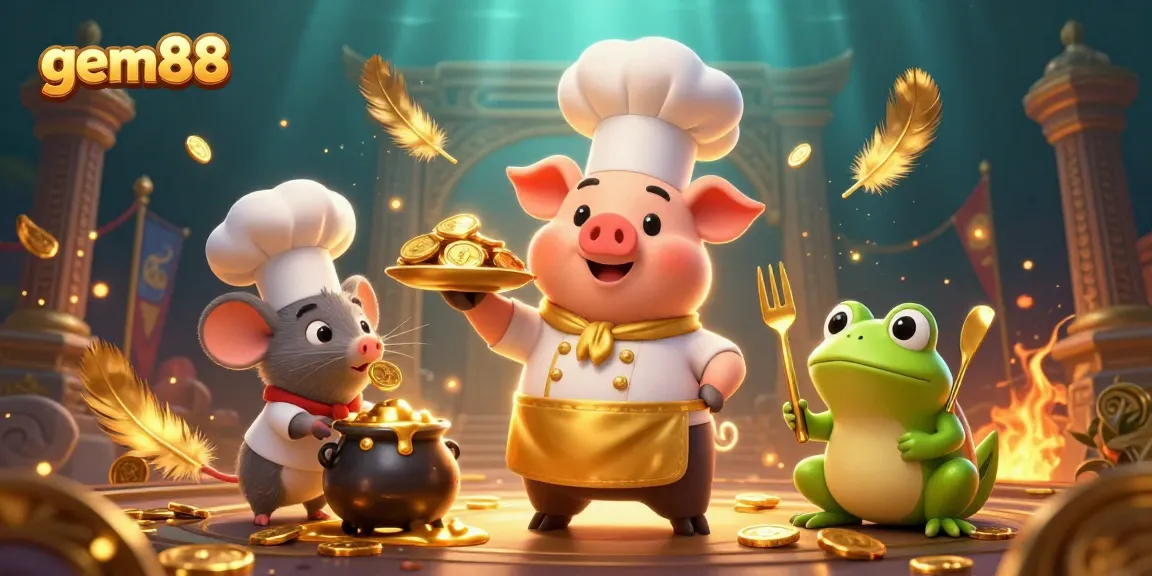 Experience the excitement of gem88 with a playful scene of a chef pig serving gold coins, showcasing vibrant casino elements.
