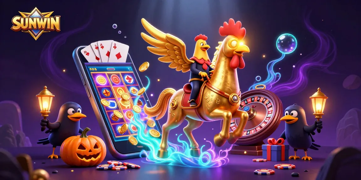 SUNWIN offers an exciting gaming experience with a golden rooster and spectral horse in a vibrant casino setting.