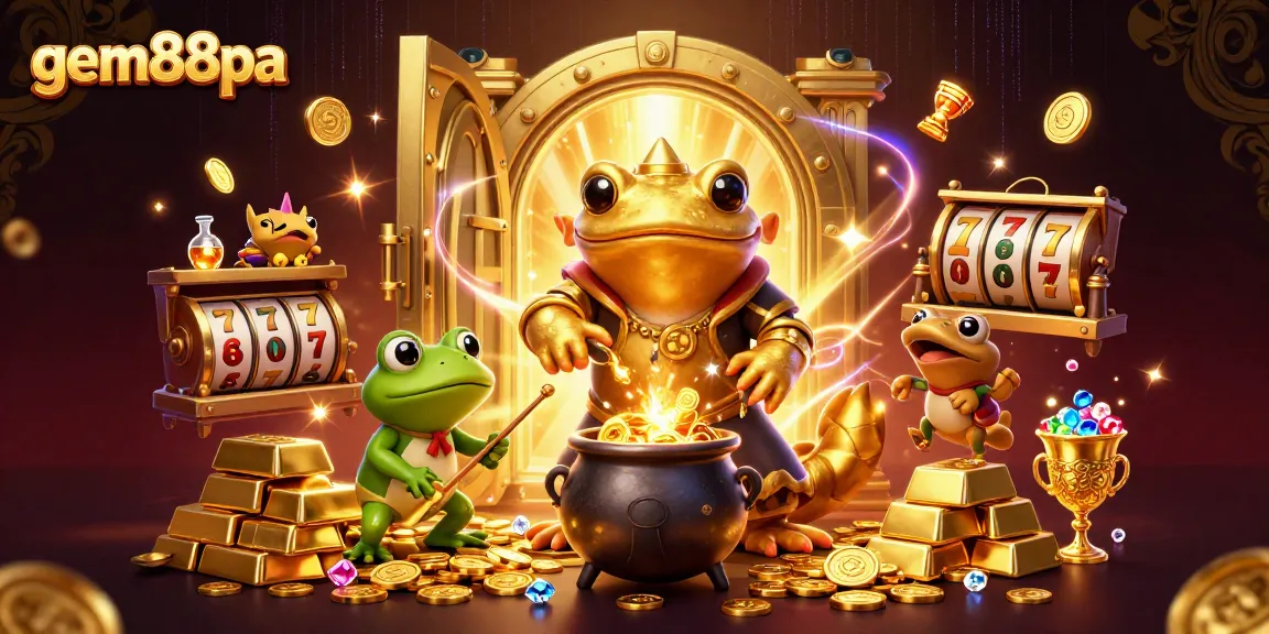 Win big at gem88pa with a vibrant 3D casino scene depicting an alchemist and lucky symbols