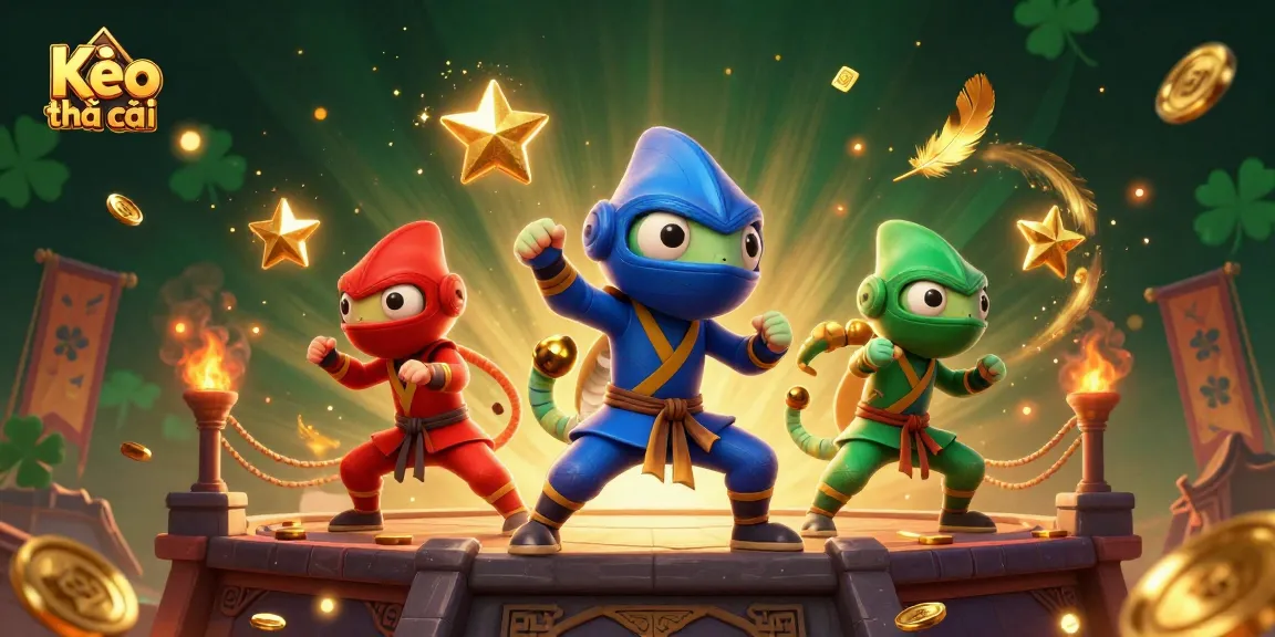 Kèo nhà cái showcases a vibrant 3D illustration of cartoon chameleons in martial arts poses, enhancing online betting excitement.