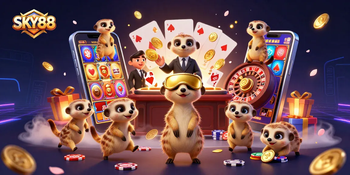 Engage in thrilling gameplay at SKY88 with a vibrant casino scene showcasing meerkats and colorful gaming elements.