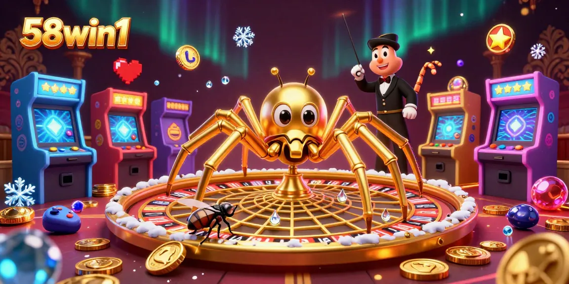 Place bets on 58win1 with a golden spider controlling a roulette web amidst vibrant casino elements.