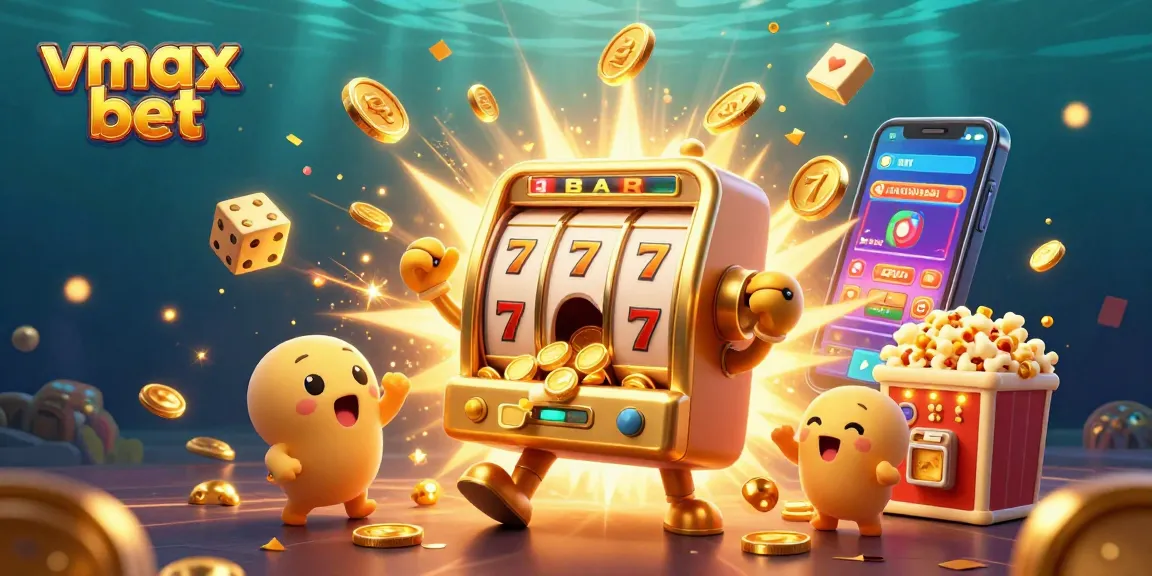 Experience the thrill of vmax bet with a winning slot machine celebration, coins overflowing and cheerful companions.