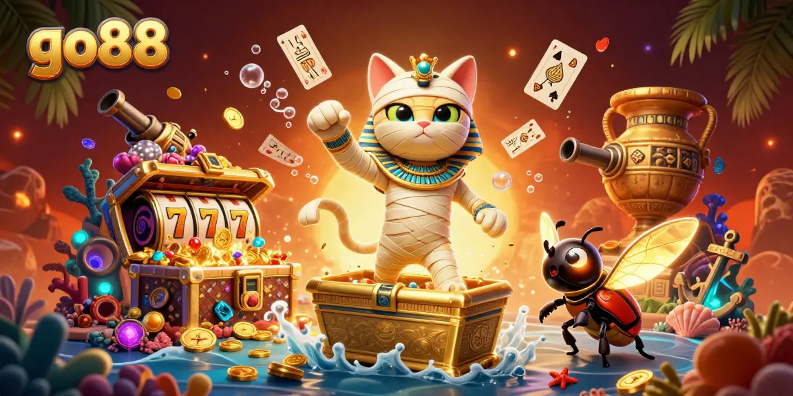 Engage with go88’s dynamic casino scene featuring a mummy cat, treasures, and exciting gaming elements.