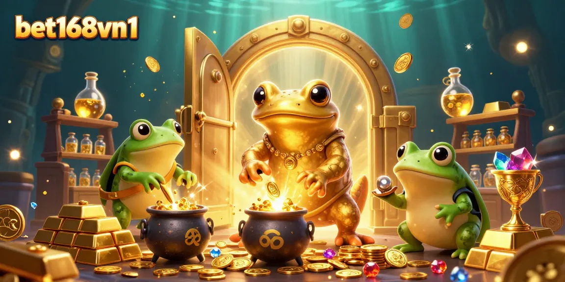 Engage in thrilling slots action with bet168vn1 showcasing golden treasures and magical elements.