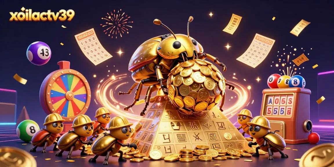 Engage with xoilactv39 as the golden beetle rolls coins amidst thrilling lottery vibes.
