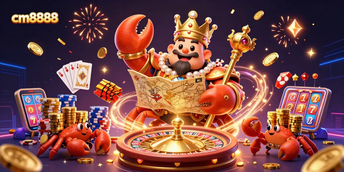 Experience the thrilling world of cm8888 with a golden crab emperor, treasure map, and exciting casino elements.