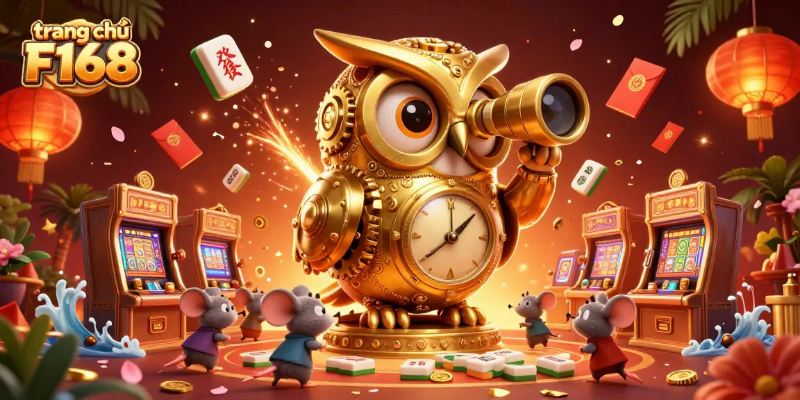 Engage with the thrilling atmosphere of trang chủ F168, featuring a cartoon golden owl overseeing a bustling casino.