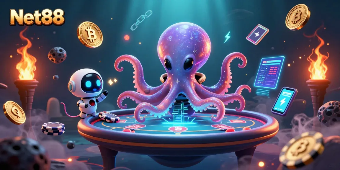 Engage in thrilling gameplay at Net88 with an alien octopus and robot in a vibrant space casino.
