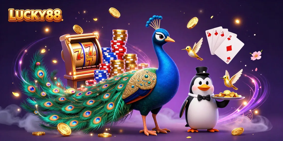 Engaging scene of LUCKY88 featuring a peacock and lively casino elements in vibrant colors.