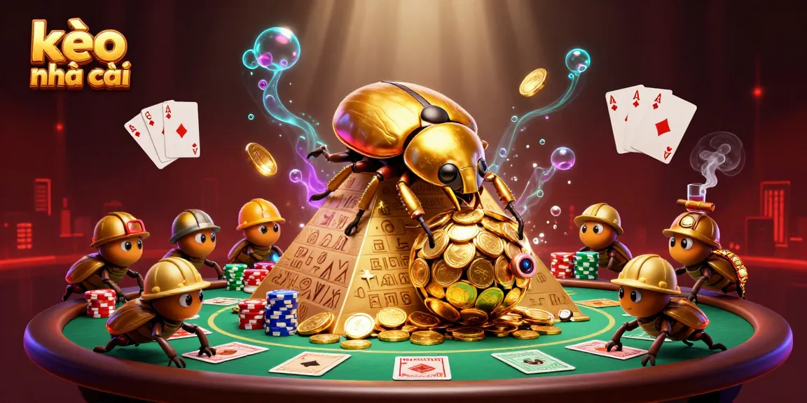 Engage with kèo nhà cái as golden beetles roll coins and symbols in a vibrant casino tribute.