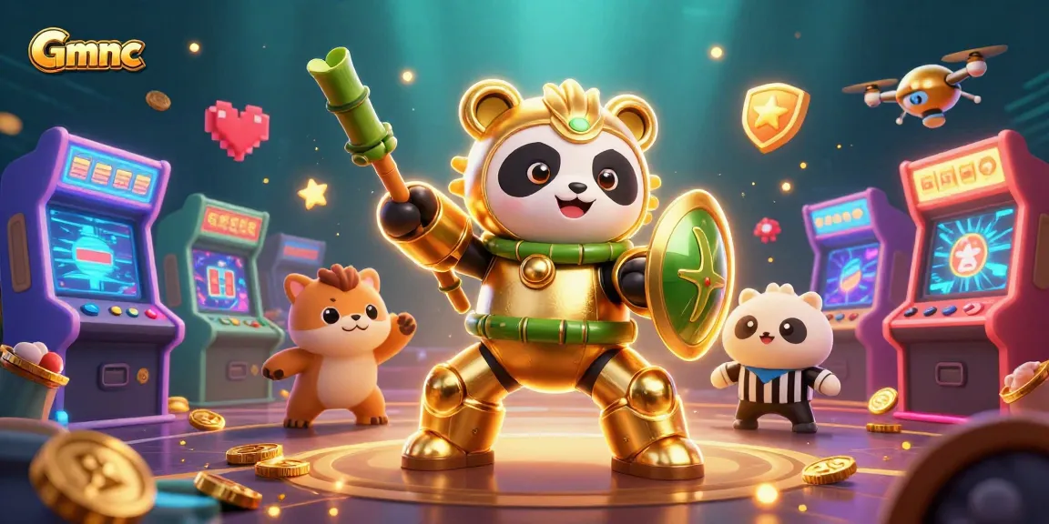 Experience thrilling gaming with Gmnc's golden panda robot battling in a vibrant casino arena.