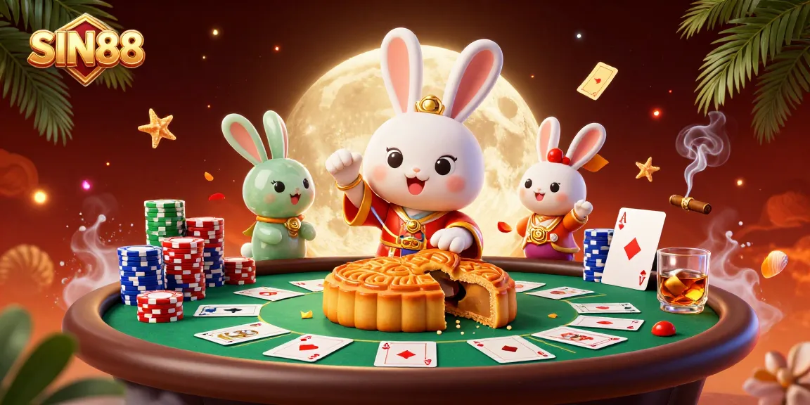 SIN88 brings excitement with a moon rabbit creating golden mooncakes revealing poker chips, set in a vibrant casino scene.
