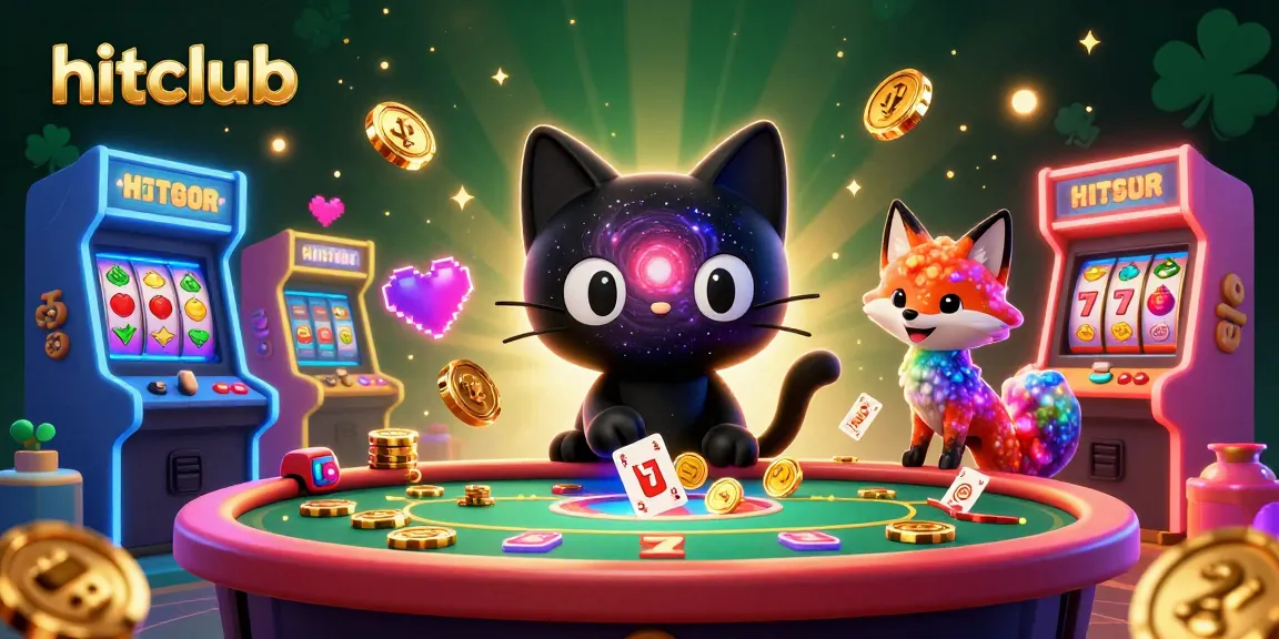 Engage with hitclub in a vibrant 3D cosmic casino, where a black hole cat pulls in gold chips amidst dazzling game machines.