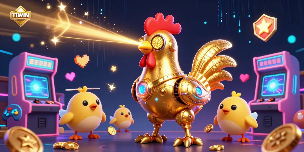 Engage with 11WIN's vibrant illustration featuring a golden rooster robot and arcade games.