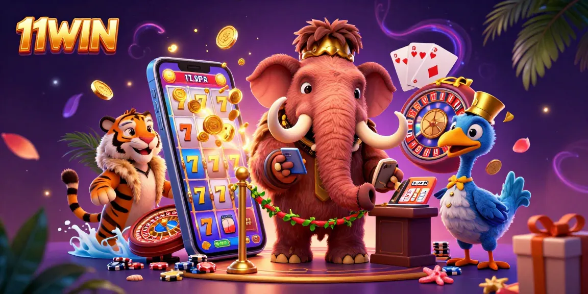 Experience immersive slots excitement with 11WIN, featuring unique characters in a vibrant casino scene.