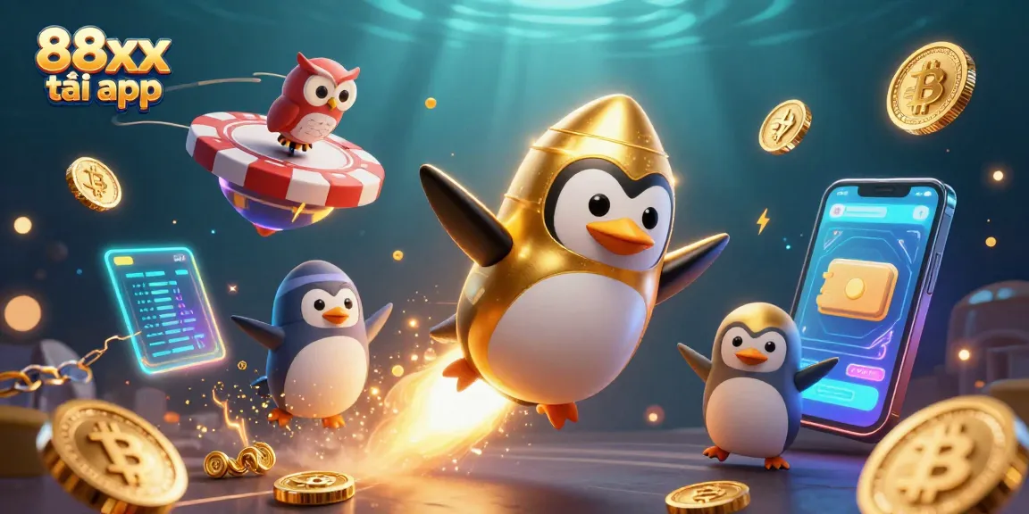 Experience the thrill of the 88xx tải app with our stellar casino adventure illustration featuring a rocket-powered penguin.