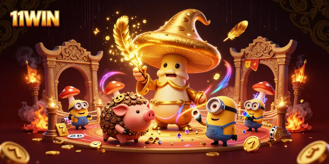 Engage in thrilling gameplay at 11WIN with a magical 3D casino scene featuring golden treasures and vibrant elements.
