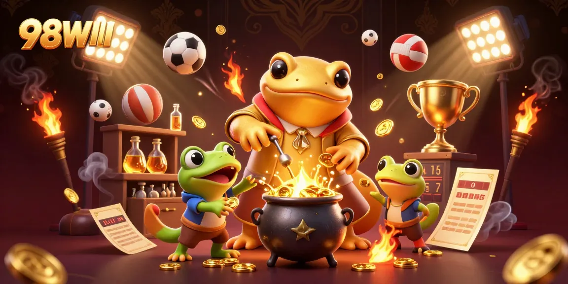 Experience the thrill of 98WIN online casino with an alchemist transmuting metals into winning gold coins.